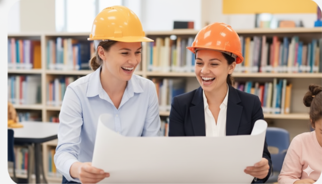 Two professionals reviewing plans with hard hats